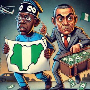 An Cartoon image of President Tinubu holding a Nigerian map with a worried expression, and a foreign investor standing beside him with a suitcase packed with dollars.