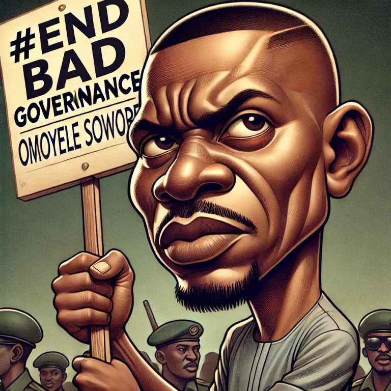 Cartoon mage of Omoyele Sowore, founder of Sahara Reporters, leading a protest against bad governance in Nigeria.